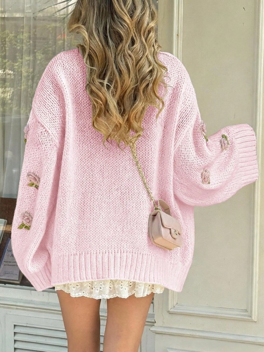 Light Pink Casual Women's Knitted 3d Floral detailed Sweater - Picture 4 of 11